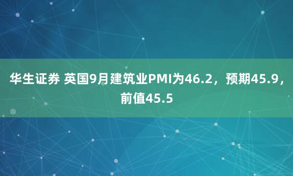 华生证券 英国9月建筑业PMI为46.2，预期45.9，前值45.5